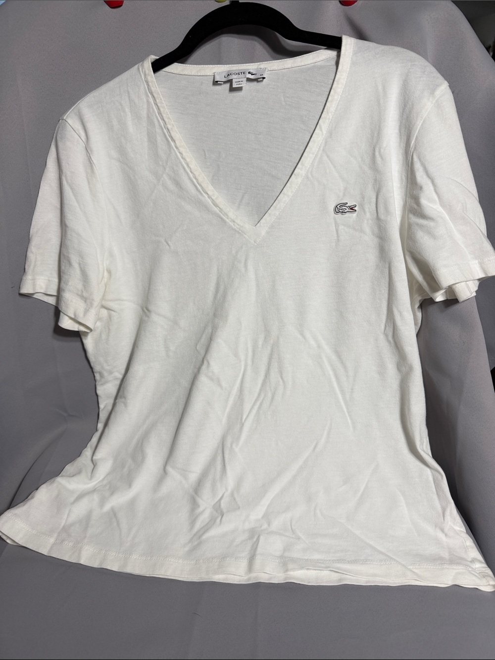 Lacoste White V-Neck Logo Tee